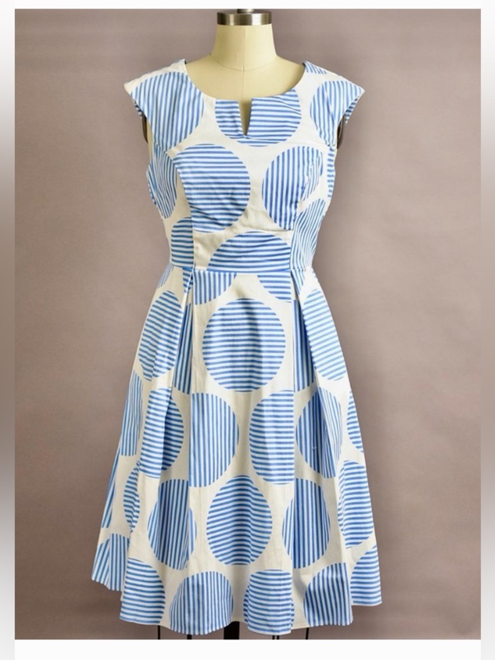 Eva Rose Blue and White Striped Dot Fit and Flare Dress - L